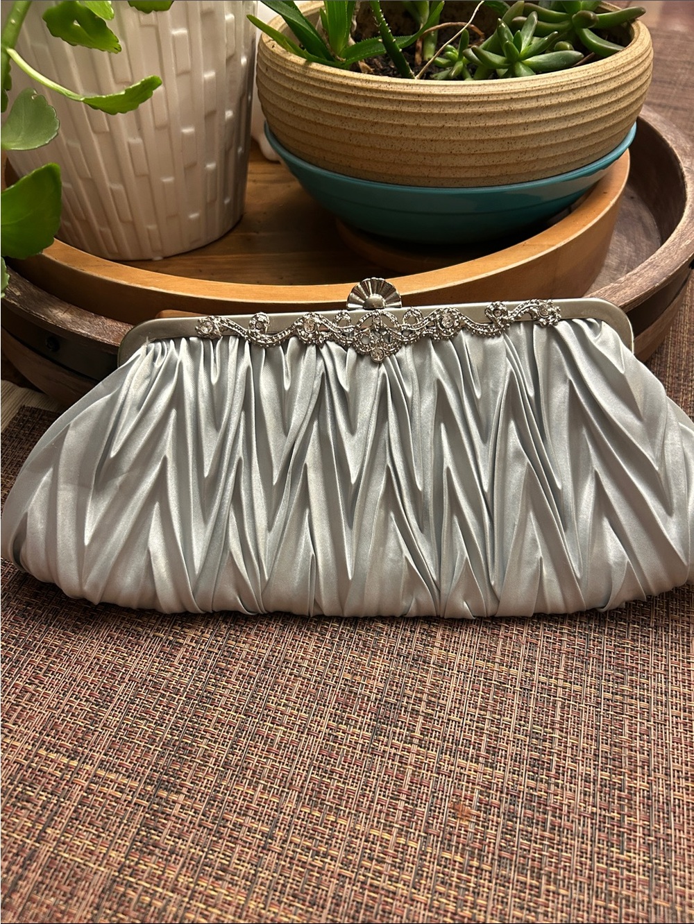 Elegant Silver Satin Pleated Evening Clutch